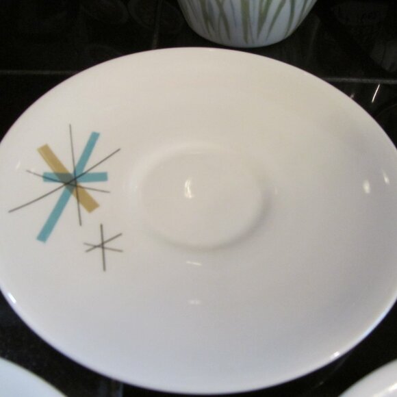5 Vintage MCM Salem North Star Atomic Starburst Saucers Turquoise & Tan 1960s - Picture 7 of 16